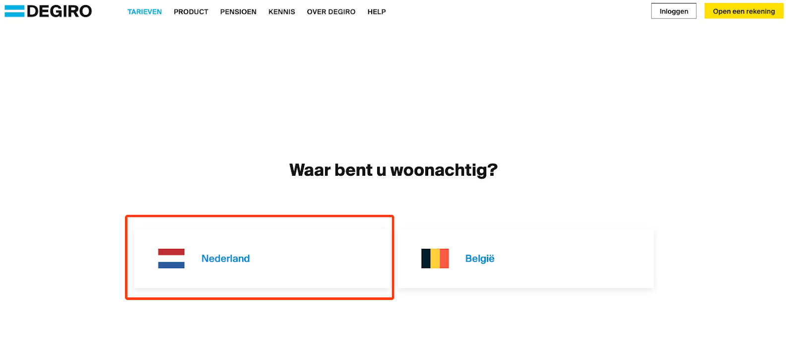 Selecting "Netherlands" as country of residency on DEGIRO