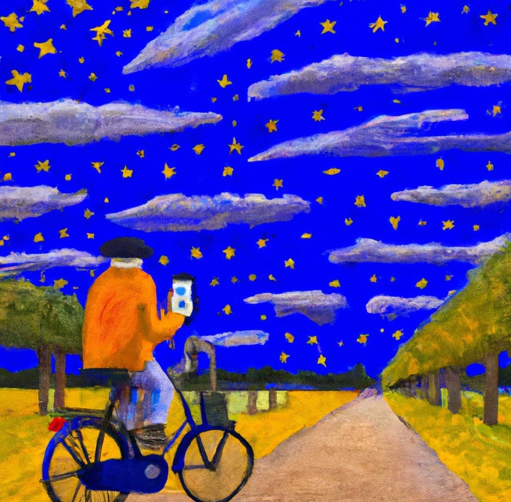Een Nederlander op een fiets op zijn telefoon met een Nederlandse vlag in sterrennachten van Van Gogh