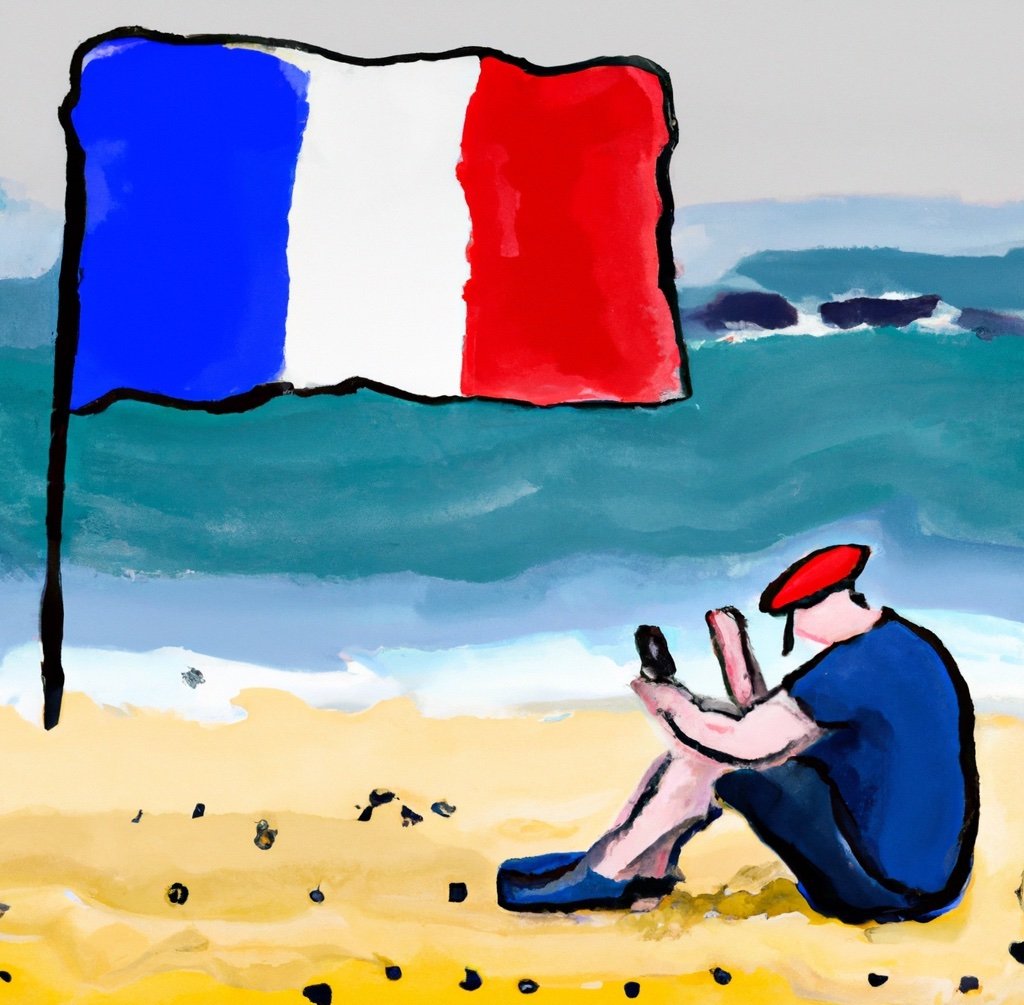 A french man on a beach on his phone with a french flag in water painting