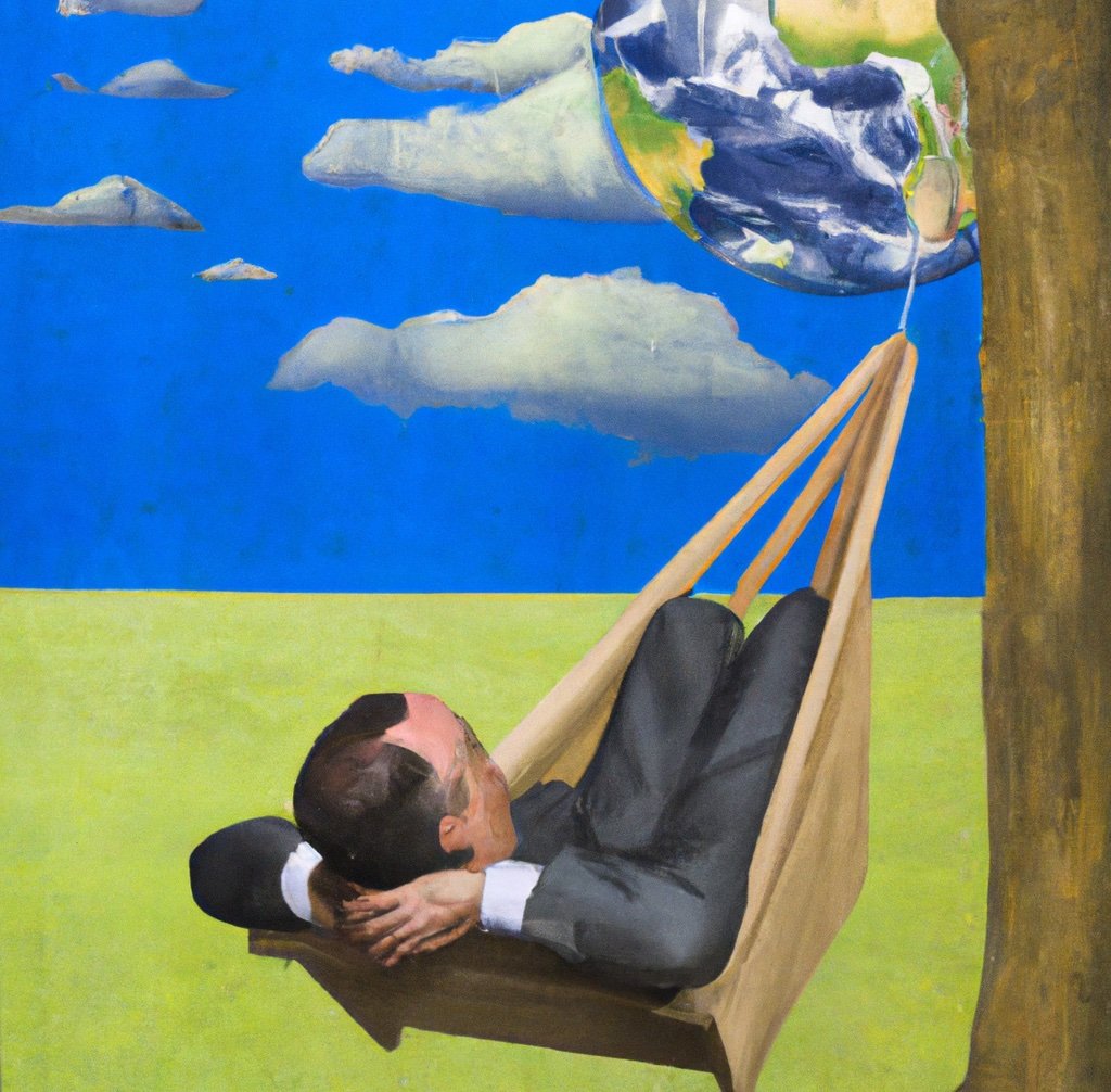 Een Magritte schilderij van jean-claude van damme ontspannen in een hangmat kijkend naar de aarde