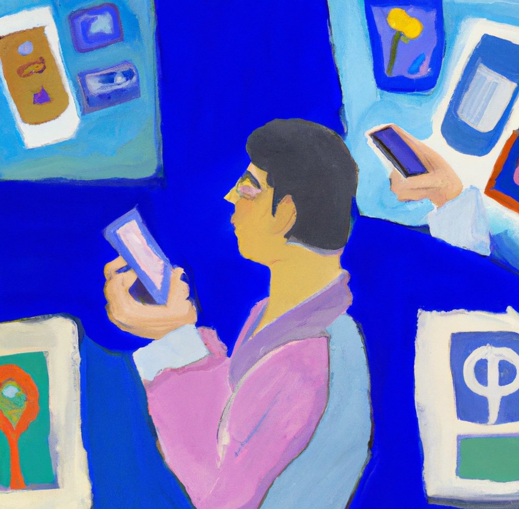 An oil painting by Matisse of a person choosing different mobile apps
