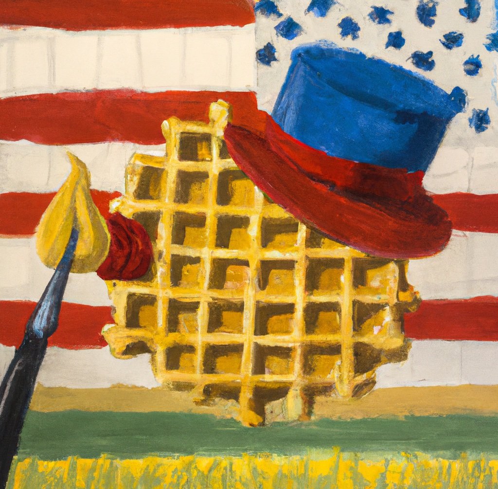 Van Gogh painting of Uncle Sam looking away from money on a waffle in the colours of the Belgian flag