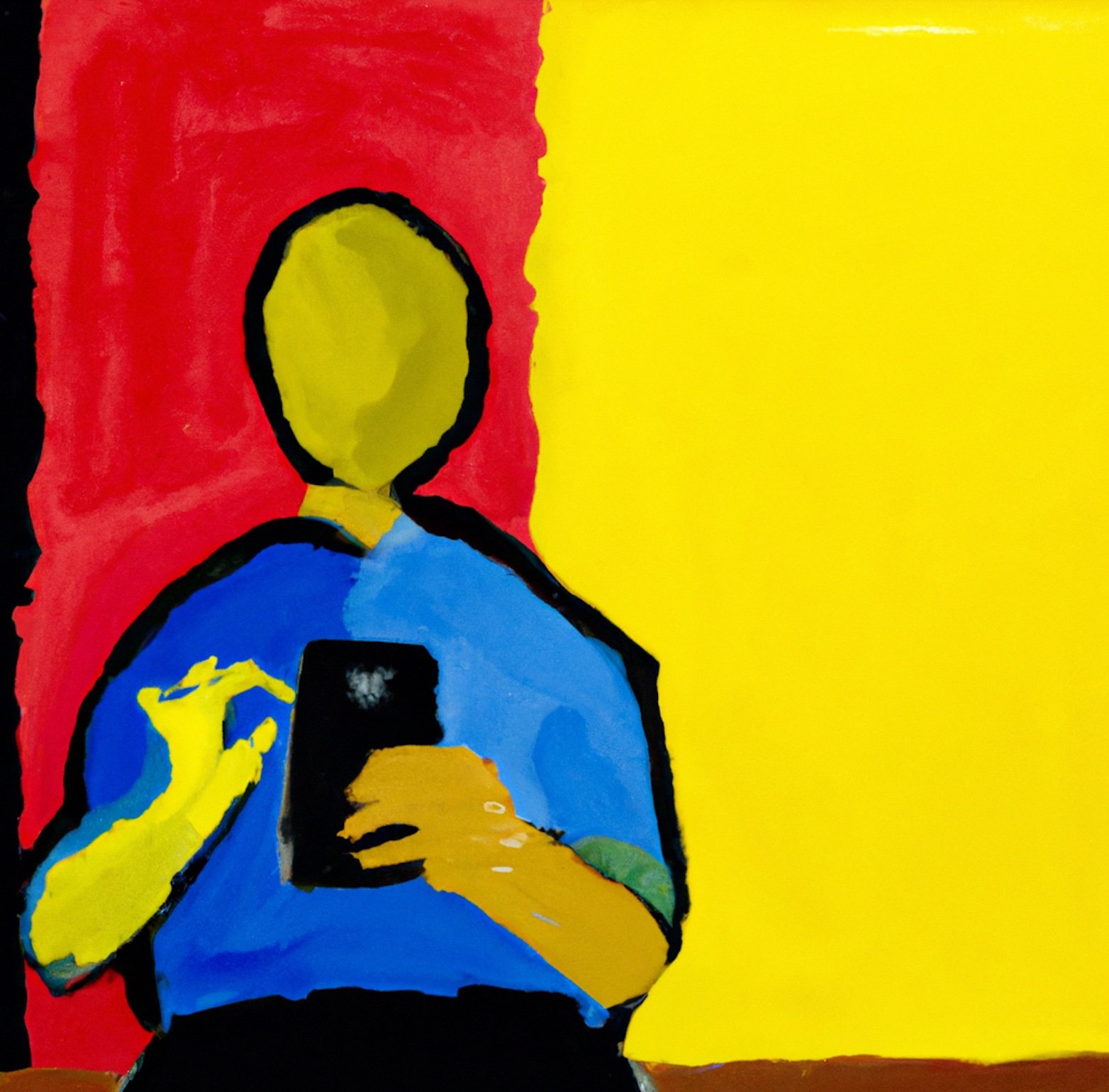 An oil painting by Matisse of a person on their smartphone with a belgian flag in the background (generated by DALL-E)