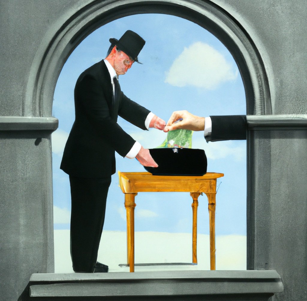 L'État belge prenant l'argent comme une peinture de Magritte (généré par DALL-E)