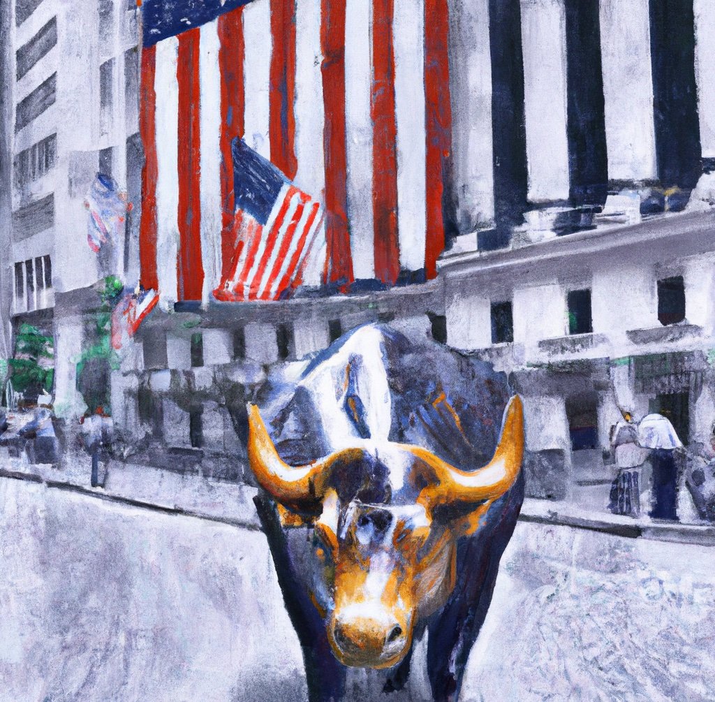 Wall Street bull with an American flag as an oil painting (generated from DALL-E)