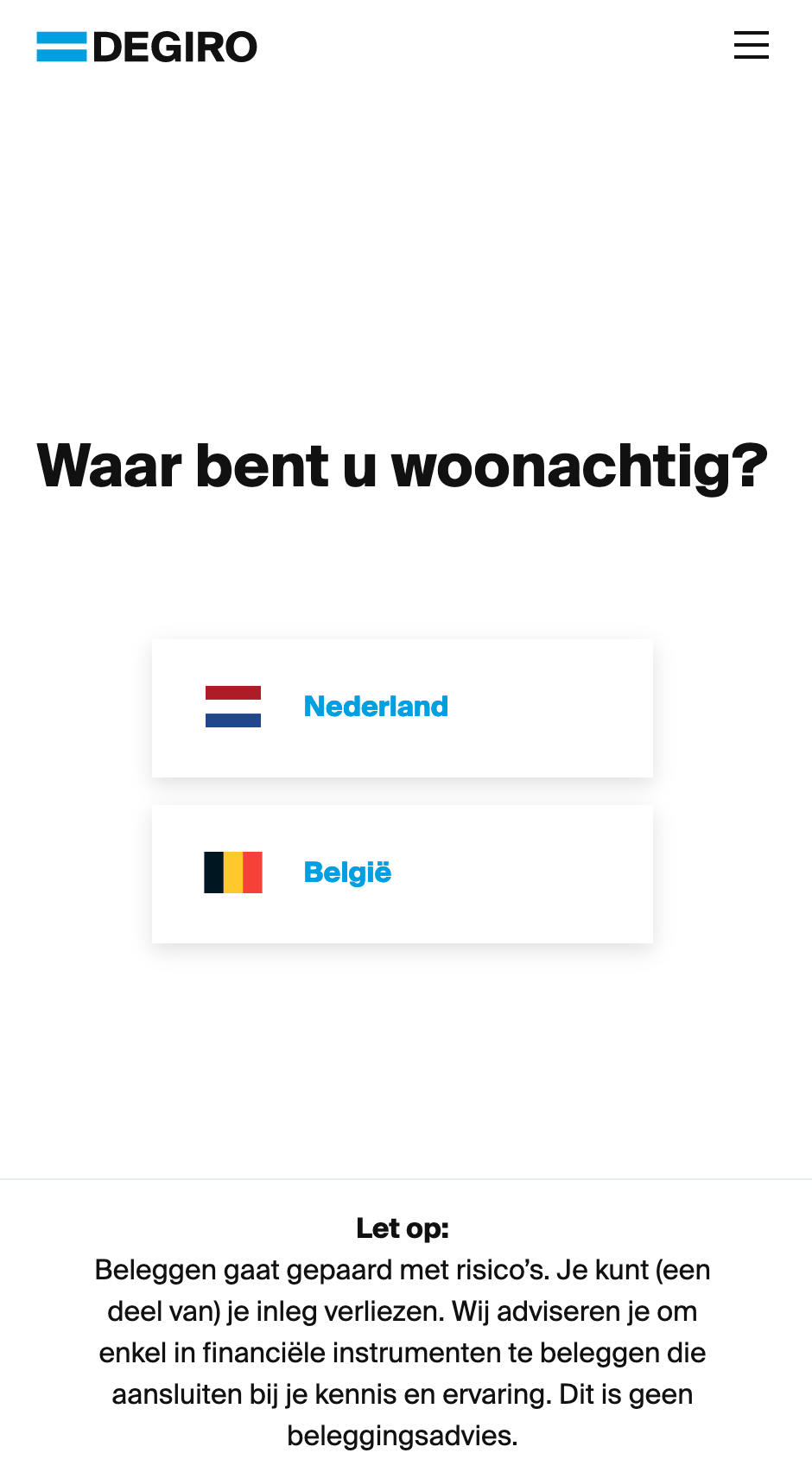 Choosing your country of residence as a Belgian signing up for DEGIRO