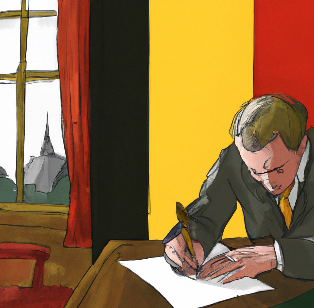 A painting of Didier Reynders writing a new tax law on a sheet of paper, in a room with the flag of Belgium