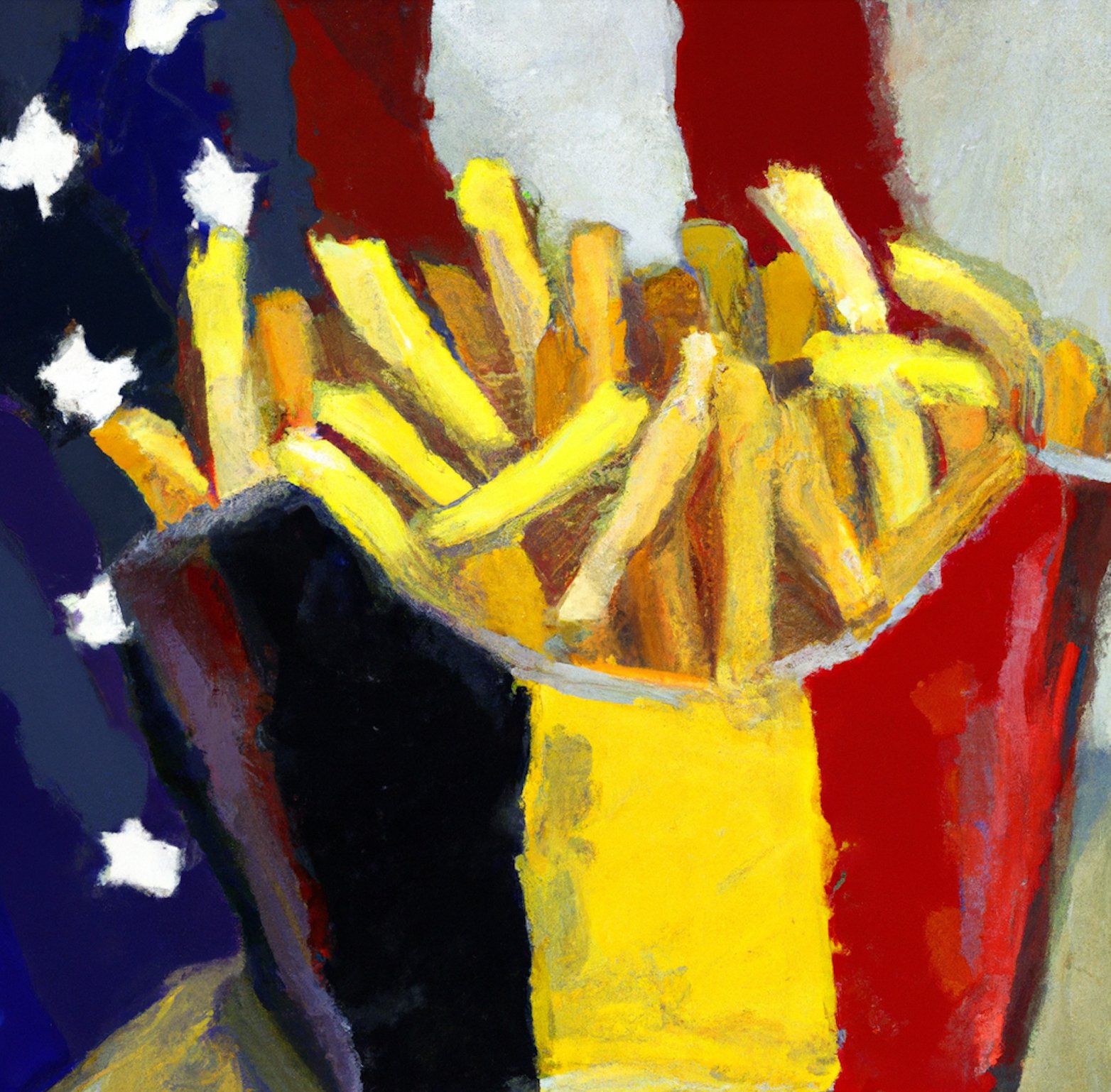 Belgian flag carton of fries with the American flag behind