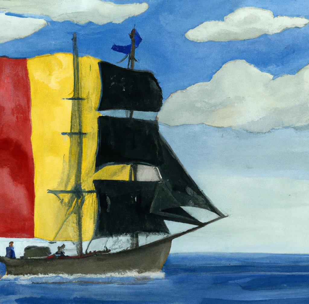 Painting from far of the Vanguard wooden ship sailing on a quiet sea with a person on the ship holding the flag of Belgium