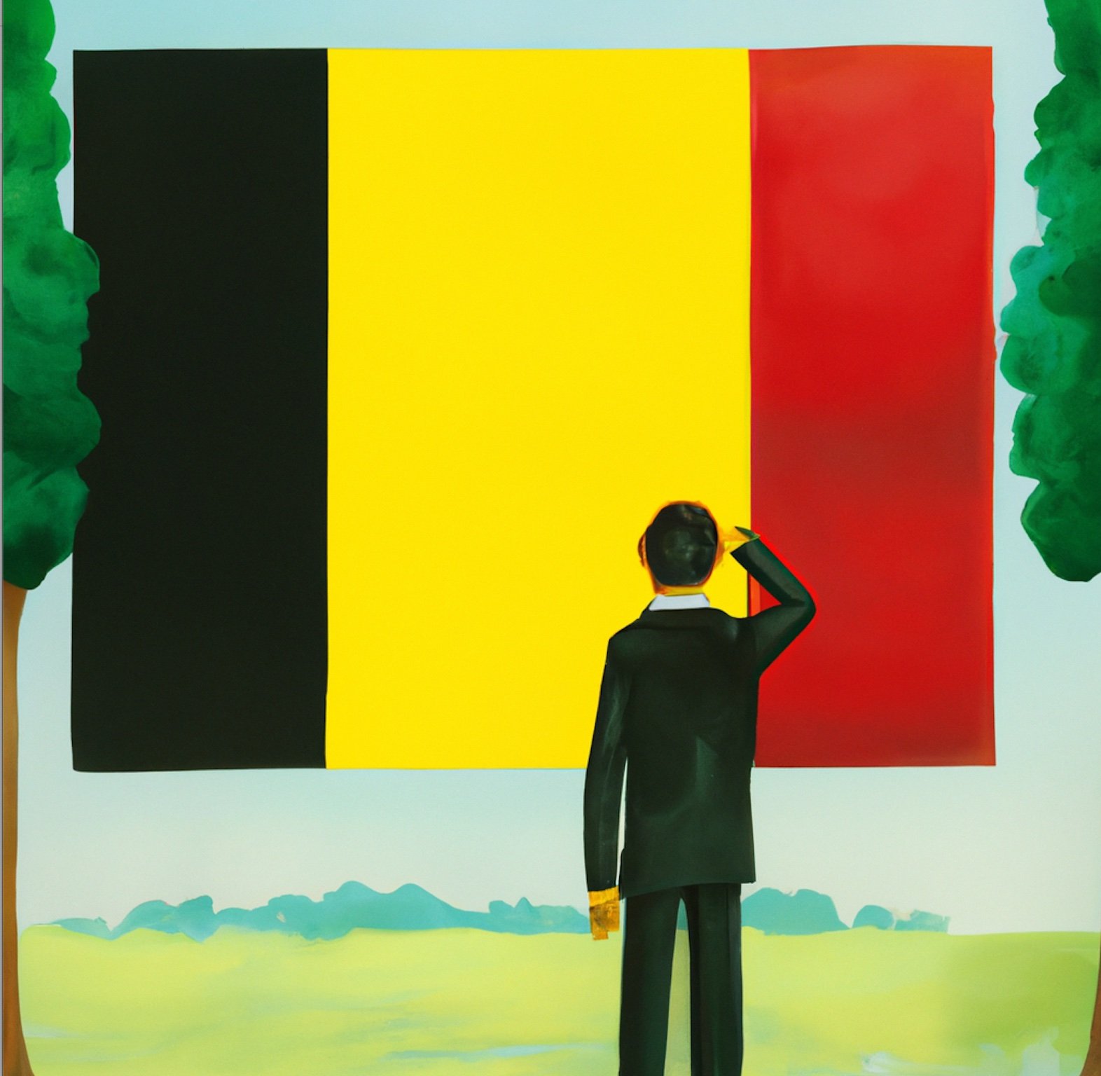 Person standing looking at the Belgian flag with two trees side by side