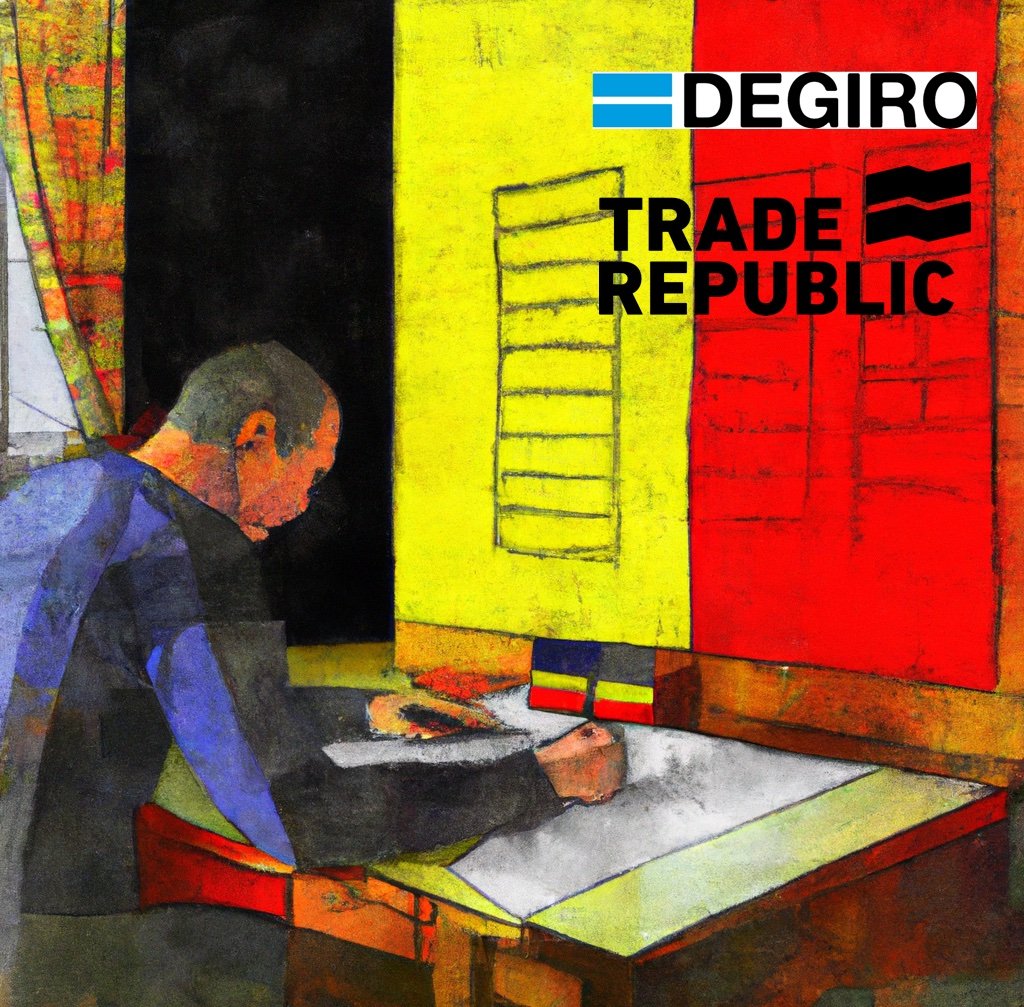 Impressionistic painting of a person filling in a form at a table in a room with a Belgian flag on the wall