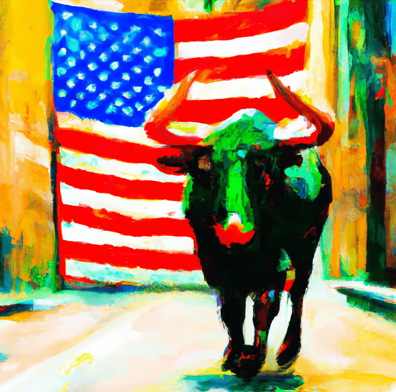 Bull in front of a US flag