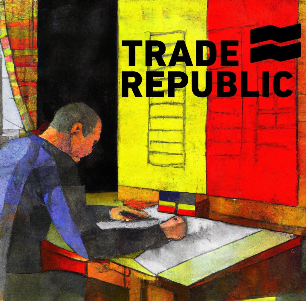 Impressionistic painting of a person filling in a form at a table in a room with a Belgian flag on the wall (by DALL-E)