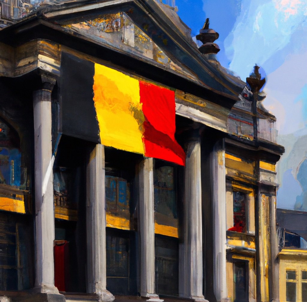 An oil painting of the Belgian stock exchange building with a Belgian flag (by DALL-E)