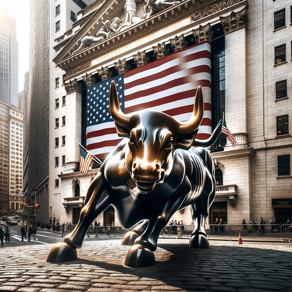 A bull on Wall Street with the backdrop of a US flag