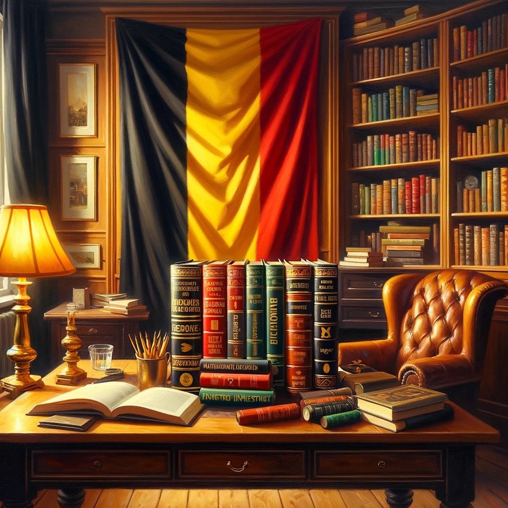 Image generated by DALL-E of a pile of books with the backdrop of a Belgian flag