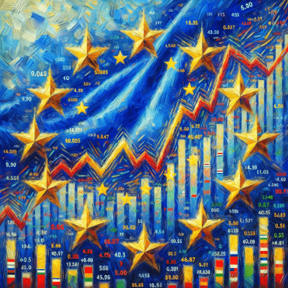 Image of the European flag with some stocks and ETFs generated by DALL-E