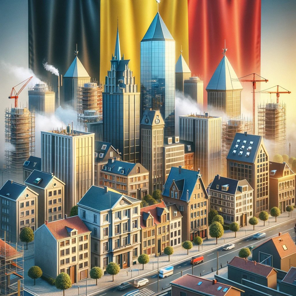 Illustration de quelques développements immobiliers sur fond de drapeau belge.