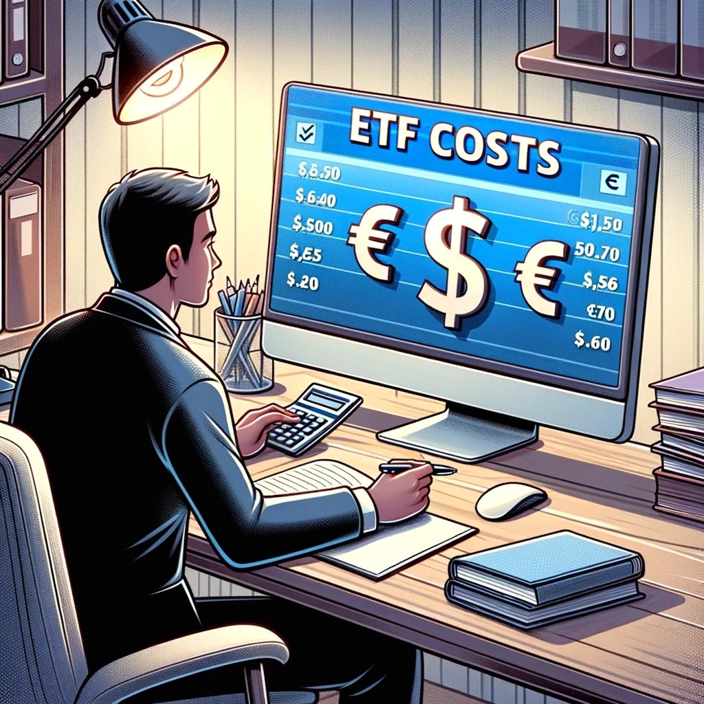 Person looking up the costs of an ETF. Image generated via DALL-E.