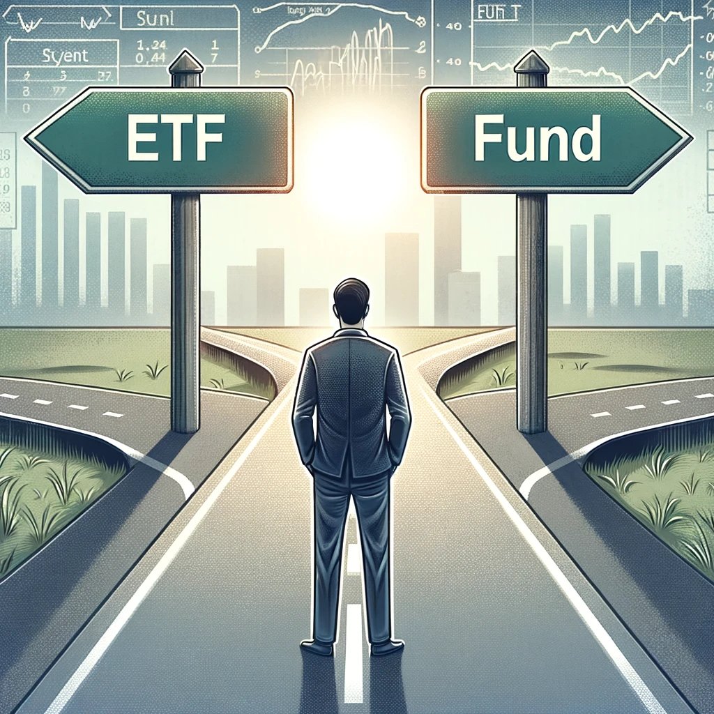 Person standing deciding between investing in an ETF and a fund