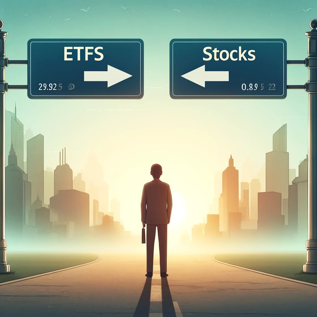 Person trying to choose ETFs or Stocks. Image generated by DALL-E