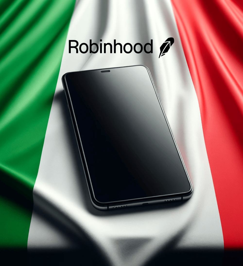 A smartphone on the backdrop of an Italian flag with the Robinhood logo