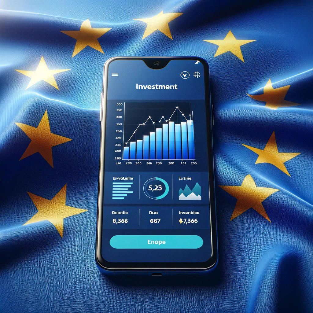 Image of a smartphone with the Wealthsimple app on the backdrop of an EU flag