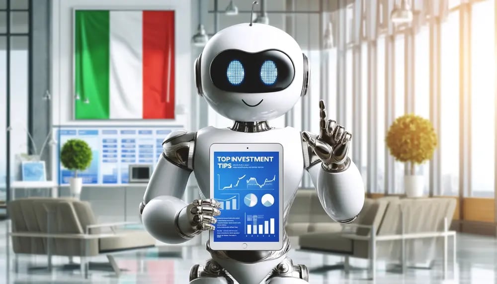 Picture of a robot investing behind a backdrop of an Italian flag