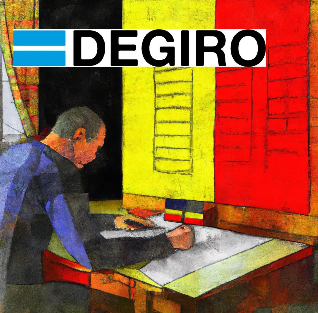 Impressionistisch schilderij van een persoon die een formulier invult aan een tafel in een kamer met een Belgische vlag aan de muur