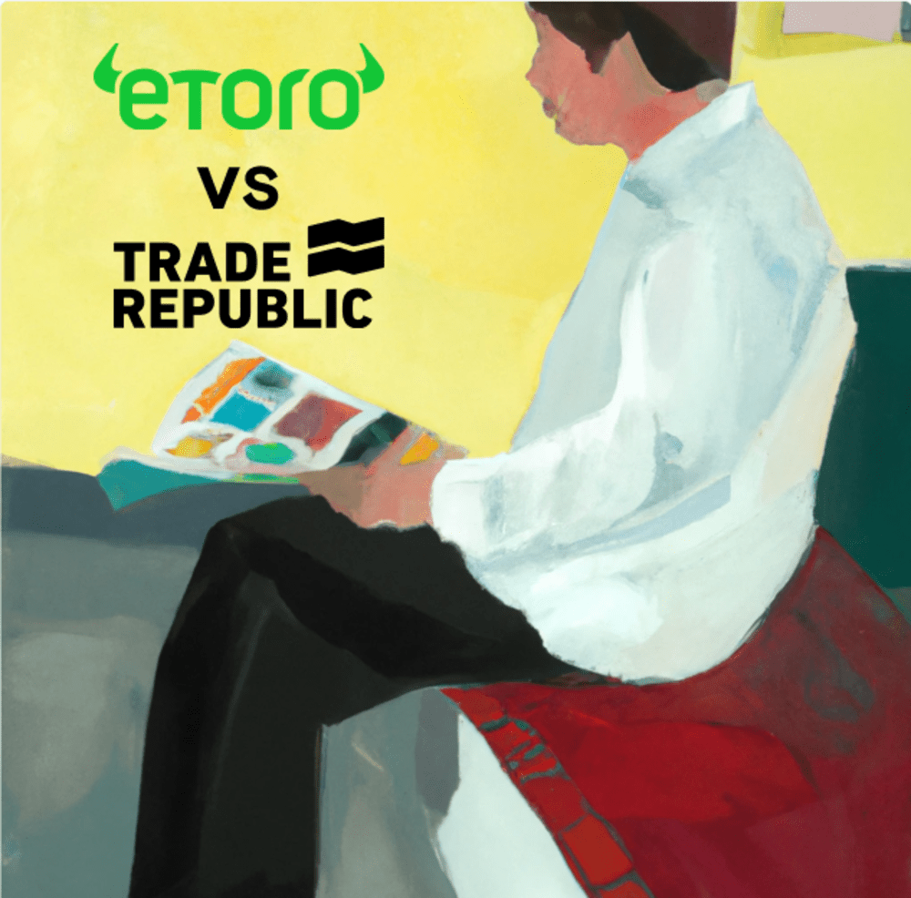 Zittende persoon die eToro en Trade Republic bekijkt