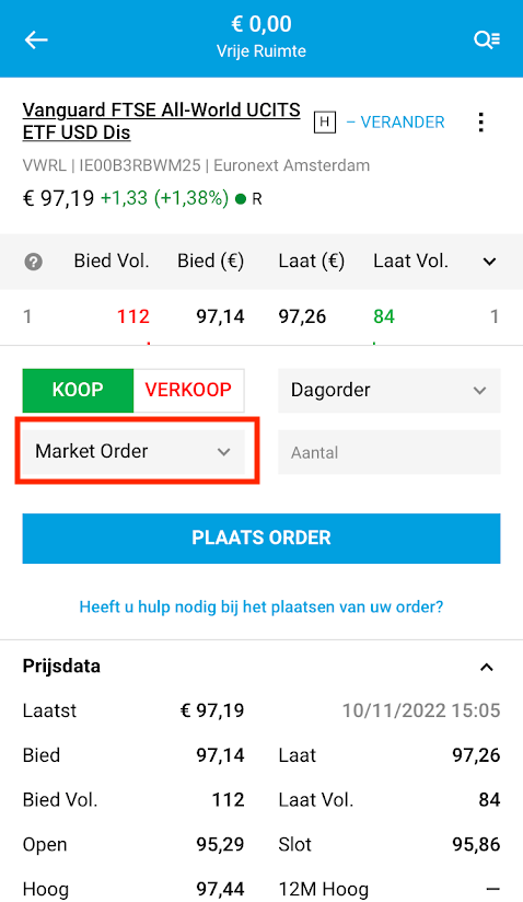 Een marktorder selecteren op DEGIRO