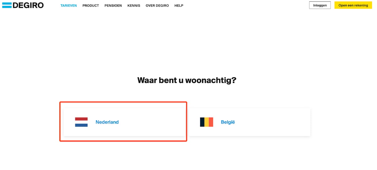 "Nederland" selecteren als land van verblijf op DEGIRO