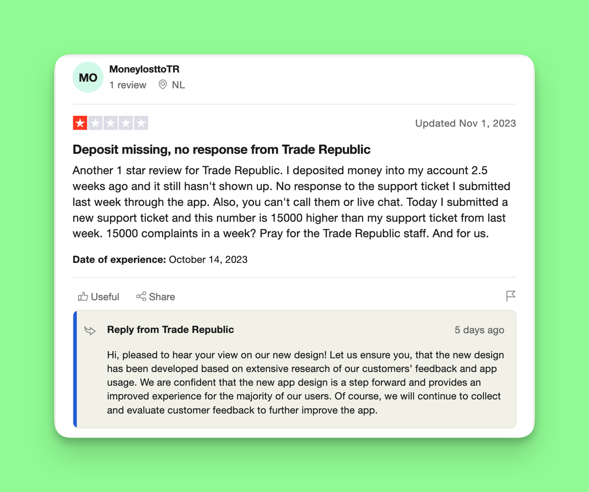 Slechte beoordeling van de klantenservice van Trade Republic op Trustpilot