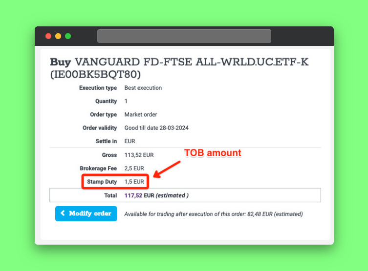 Capture d'écran de l'achat de VWCE via Bolero pour connaître le taux TOB.