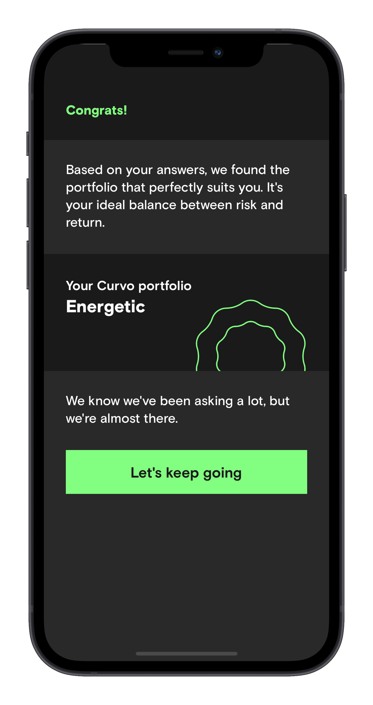 Schermafbeelding van de Curvo-app met de portefeuille die past bij je antwoorden