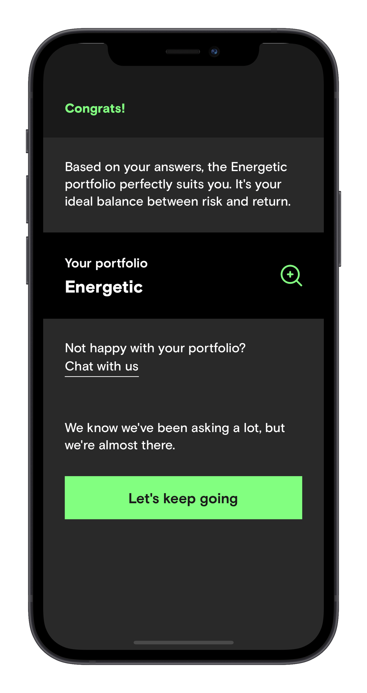Screenshot van de Curvo app bij het krijgen van de portfolio die bij je past
