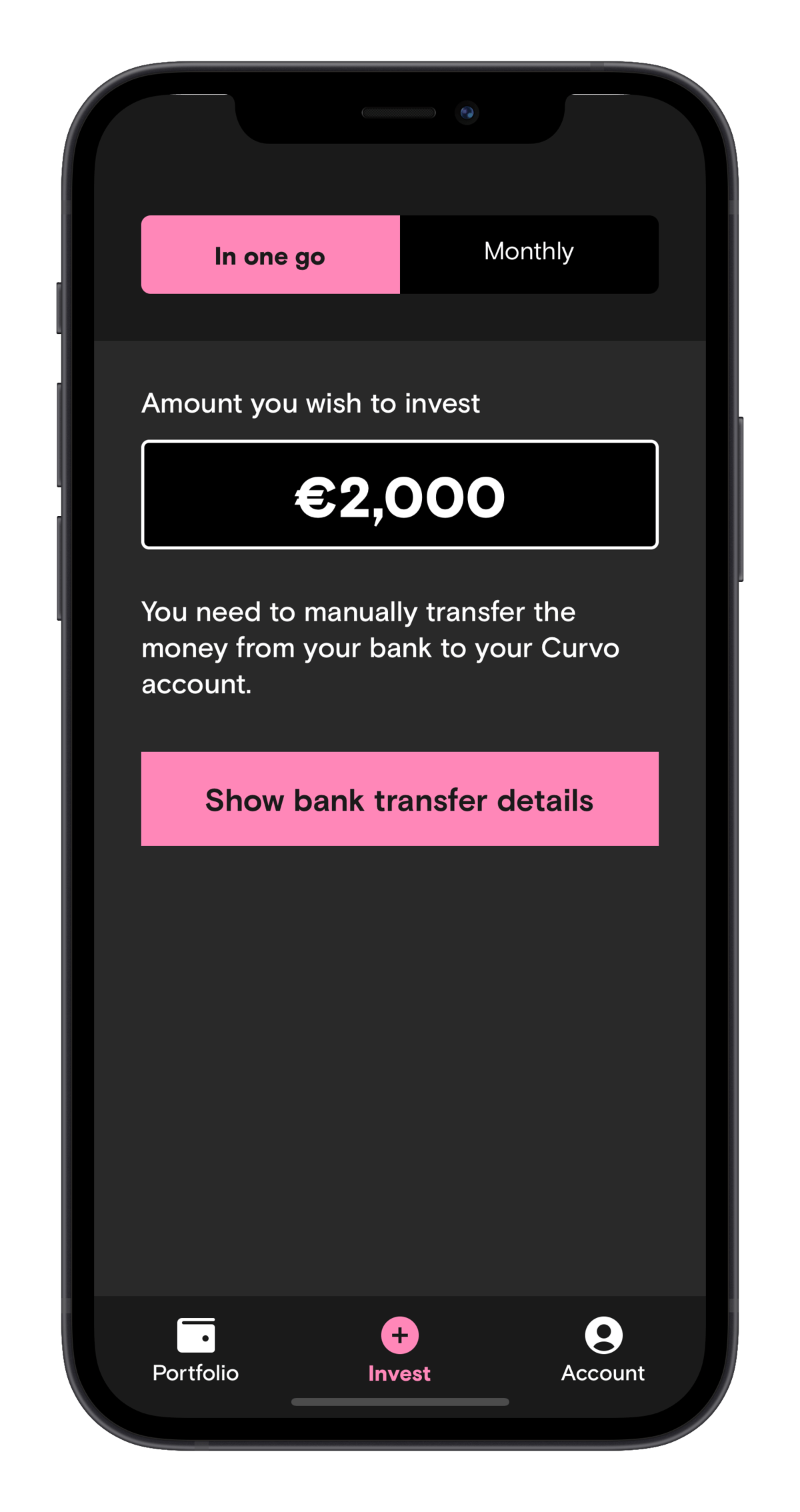 Schermafbeelding van de Curvo app als je in één keer belegt