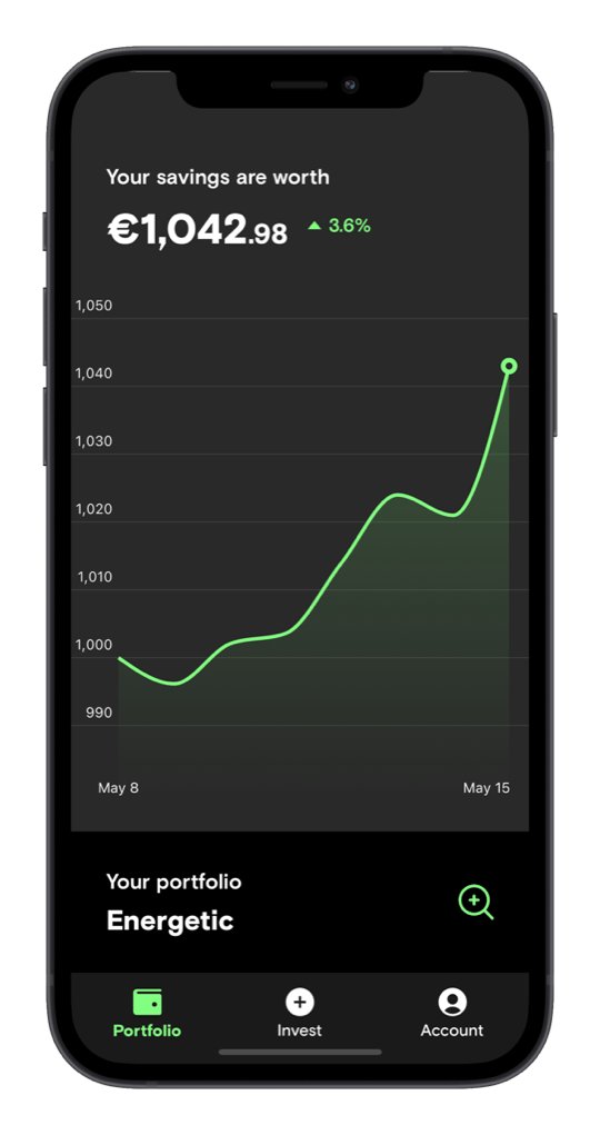 The Curvo app showing a portfolio worth €1,042.98, up 3.6%.