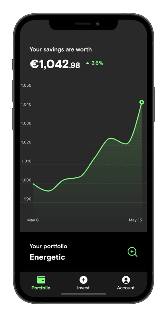 The Curvo app showing a portfolio worth €1,042.98, up 3.6%.
